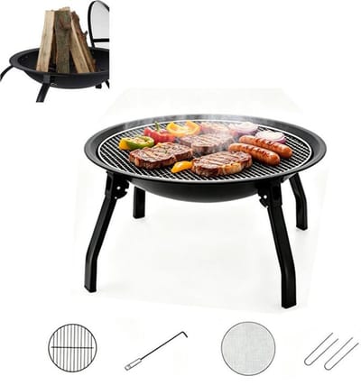 KZQ Opvouwbare vuurkorf - Vuurkorf - Barbecuegrill - Met houtskoolnet - Vuurhaak - Grillnet - Nethaak - Geschikt voor tuinen en terrassen - 55×28cm - Zwart
