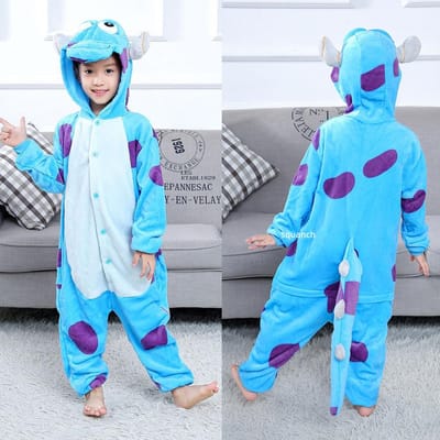 Costumes Sully Mike pour Enfants Combinaison Halloween Mignonne Drôle Garçons Filles Kigurumis Pyjama Tenue Anime Combinaison d'hiver Chaude Combinaison Flanelle 4T(fit 85-104cm) bleu
