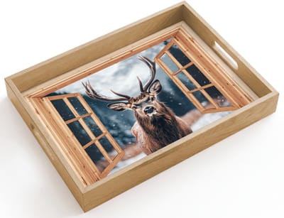 Dienblad hout 40x30 cm - Schootdienblad - Doorkijk - Hert - Dieren - Winterlandschap - Sneeuw - Borrelplank rechthoek - Plateau dienbladen