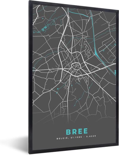 Fotolijst incl. Poster - Plattegrond – Bree – Blauw – Stadskaart - Kaart - België - 40x60 cm - Posterlijst