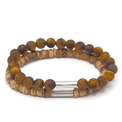 H-Beau - Duo Armbanden Set - Tijgeroog & Kokos/Hout - 6mm - 15cm (Kinderen/Unisex)