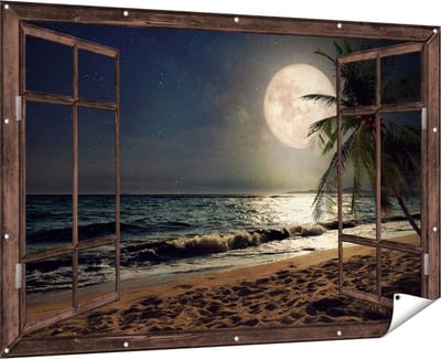 Gards Tuinposter Doorkijk Tropisch Strand in de Nacht met Volle Maan - 180x120 cm - Tuindoek - Tuindecoratie - Wanddecoratie buiten - Tuinschilderij