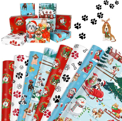 Dailygoods- Kerstinpakpapier 8 Stuks - Hondenpoot/Cadeaupapier - Recyclebaar - Kerstcadeauverpakking - 70 x 50 cm - Perfect voor Hondenliefhebbers