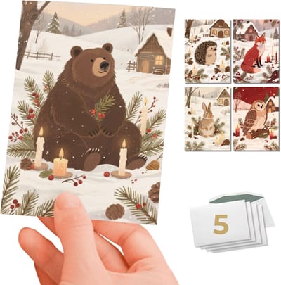Inspra Studio – Luxe Kerstkaarten met Enveloppen – 5 Stuks – Vos, Egel, Uil, Beer & Konijn Wenskaarten – Natuurlijke Dieren Illustraties