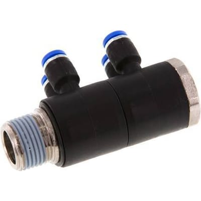 4mm x R3/8'' 4-way Manifold Messing/PA 66 Insteekfitting Buitendraad Draaibaar NBR