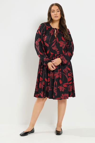 Yours Zwarte Jurk Met Bloemenprint En Strik Aan De Voorkant Size 44