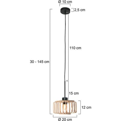 Hanglamp Breeza-Beache 4475ZW - Zwarte bamboe hanglamp Ø20 cm, hoogte verstelbaar, trendy stijl - Steinhauer