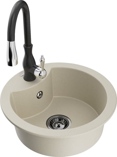 Mexen Diego granieten gootsteen, 1-kamer met keukenmengkraan Savita, beige - 6512-69-672601-70