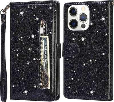 Glitter Bookcase Hoesje Geschikt voor: iPhone 15 met rits - hoesje - portemonneehoesje - Zwart - ZT Accessoires