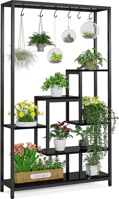 Tribesigns Plantenrek - Plantenstandaard - Plantenrek voor binnen - Plantenrek met 5 niveaus en 6 S-haken - Zwart - 100 x 30 x 180 cm