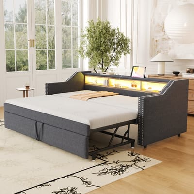 STILVORA Gestoffeerd Bed 90/180 x 190 cm – Uitklapbaar Slaapbank Met 3 Opbergvakken & USB – LED-Sfeerverlichting – Linnen – Donkergrijs – Zonder Matras