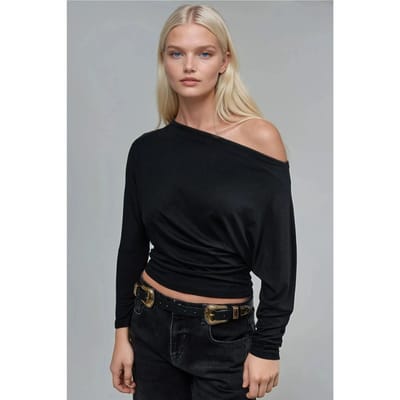 Asymmetrische Kraag Lange Mouw Elastische Gebreide T-Shirt