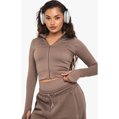 Dames Boohoo Basics Naadloze Rib Zip-Through Jas | Mokka | Maat: Small