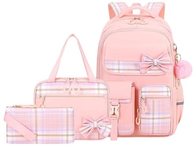 LISM-Rugzak voor meisjes, schattig ruitpatroon, grote waterdichte rugzak, 3-delige laptoprugzakset (roze)