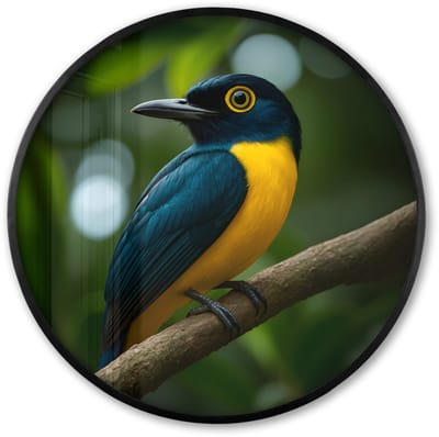 Poster in lijst Rond - Fotolijst 60x60 cm - Posters - Vogel - Tak - Geel - Bladeren - Ronde posterlijst zwart - Decoratie - Wanddecoratie woonkamer - Muurdecoratie slaapkamer