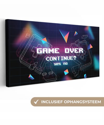 Canvas schilderij 40x20 cm - Wanddecoratie Gaming - Arcade - Game Over - Zwart - Blauw - Gamen - Muurdecoratie game room - Gaming kamer decoratie - Gameroom accessoires - Schilderijen - Game Kamer