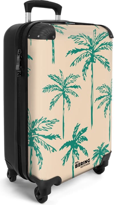 NoBoringSuitcases.com® - Handbagage koffer lichtgewicht - Reiskoffer trolley - Beige met groene palmbomen print - Vakantie rolkoffer met wieltjes - Carryon suitcase - Flightcase - Cabin koffertje - Past binnen 55x40x20 en 55x35x25