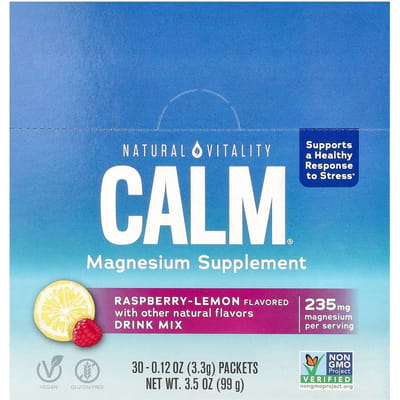 Natural Vitality, Rust, Magnesium Supplement Drankmix, Framboos-Citroen, 30 Zakjes, 3,4 g (3,3 gr) Elk