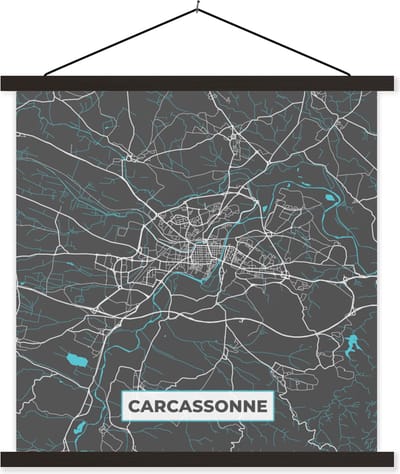Posterhanger incl. Poster 60x60 cm - Schoolplaat - Carcassonne - Plattegrond - Stadskaart - Kaart - Frankrijk - Textielposter - Zwarte latten - Stadskaart