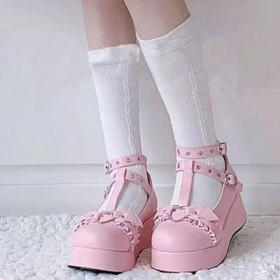 Nieuwe Sweet Heart Gesp Sleehakken Mary Janes Dames Roze T-Strap Chunky Platform Lolita Schoenen Vrouw Punk Gothic Cosplay Schoenen 43 41