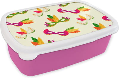 Broodtrommel Roze - Lunchbox - Brooddoos - Carnaval - Masker - Patronen - 18x12x6 cm - Kinderen - Meisje