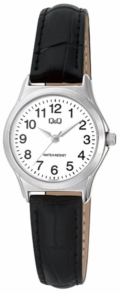 Q&Q C07A-003PY - Horloge - Analoog - Vrouwen - Dames - Leren band - Rond - Metaal - Cijfers - Zwart - Zilverkleurig - Wit