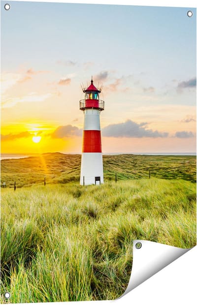 Gards Tuinposter Vuurtoren met Zonsopgang op een Eiland - 60x80 cm - Tuindoek - Tuindecoratie - Wanddecoratie buiten - Tuinschilderij