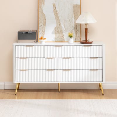 Witte ladekast met 7 lades - Modern wit, metalen grepen, softclose lades - Kantelbeveiliging, verhoogde poten, robotstofzuiger-vriendelijk - Afgeronde hoeken, duurzaam MDF - Geschikt voor slaapkamer, woonkamer en hal