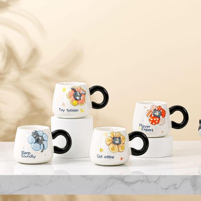 Cartoon Schattige Kat Bloemen Kop Keramische Kop Mok Grensoverschrijdende Waterkop Thuis Kantoor Koffiekop Creativiteit 400ml beige