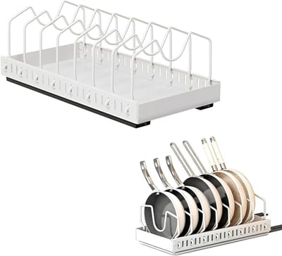 Uittrekbare dekselhouder voor potdeksels, snijplanken en pannen met 8 verstelbare vakken en lade-organizer voor optimale opslagruimte