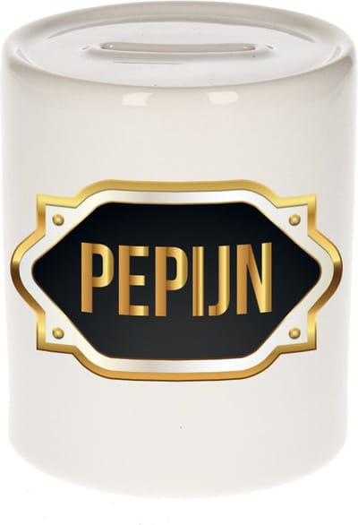 Spaarpot met voornaam Pepijn - wit - met goud/zwart embleem - 8 x 9 cm - keramiek - met afsluitdop - cadeau verjaardag