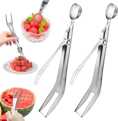2 Stuks RVS Watermeloen Snijder, 3-in-1 Fruit Snijmachine voor Thuis en Feestjes, Efficiënt en Veilig Snijden van Fruit