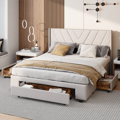 Gestoffeerd bed - tweepersoonsbed 160x200 cm - met 3 houten laden - opbergbed/volwassenebed/jongerenbed - opbergbedframe met metalen frame, linnen, beige, zonder matras (verzonden in 2 pakketten)