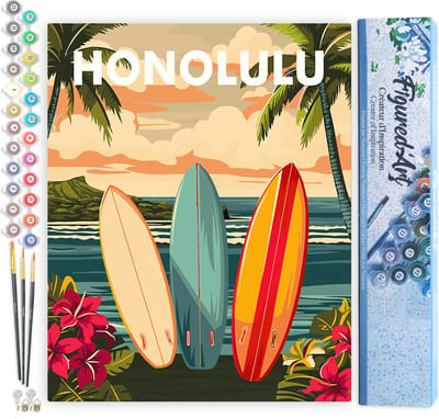 Figured'Art Schilderen op Nummer Volwassenen canvas Reisposter Honolulu- Handwerk acrylverf Kit DIY Compleet - 40x50cm zonder frame
