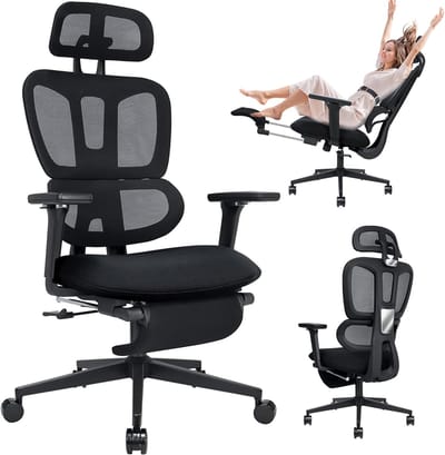 Ergonomische Netstof Kantoostoel met Intrekbare Voetensteun – Hoge Rugleuning, Dubbele Rugondersteuning, Verstelbare Lendensteun, 2D Hoofdsteun & Zachte Zitting voor Thuis of Kantoor