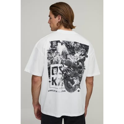 Wit Oversized T-shirt Met Drakenprint | White | Size 3XL
