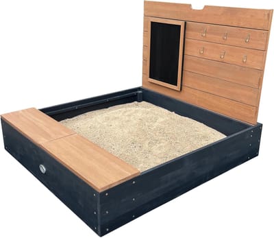 Zandbak Schelp - Houten zandbak met bank - Anthraciet & Bruin - Met opbergruimte en deksel - Inclusief krijtbord - Voor kinderen vanaf 3 jaar