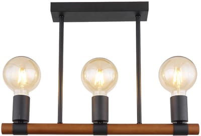 Plafondlamp Woonkamerlamp Eettafellamp Houten lamp Houten lamp, 3 vlammen retro, metaal zwart houten balk bruin, E27, LxBxD 49x6x35cm