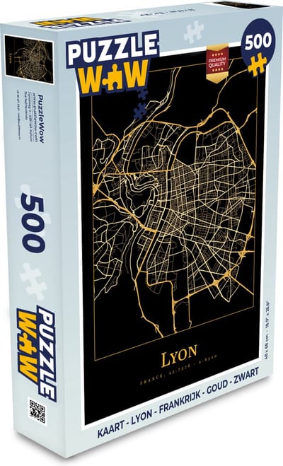 Puzzel Kaart - Lyon - Frankrijk - Goud - Zwart - Legpuzzel - Puzzel 500 stukjes