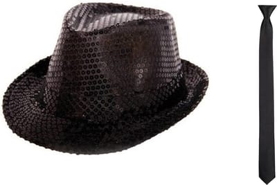 Boland - Verkleedkleding set - Glitter hoed/stropdas zwart volwassenen