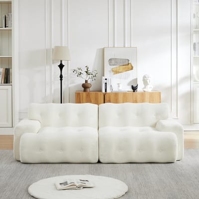 Cloud Sofa, Extra Grote Tweezitsbank – Brede Armleuningen en Modern Design met Knoopdetails, Gebogen Bank, geschikt voor Woonkamers en Appartementen, Geen Montage Nodig-A-Beige