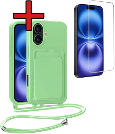 Hoesje Geschikt voor iPhone 16 Plus Hoesje Met Telefoonkoord en Pasjeshouder Met Screenprotector Siliconen - Hoes Geschikt voor iPhone 16 Plus Hoesje Met Kaarthouder Case - Groen