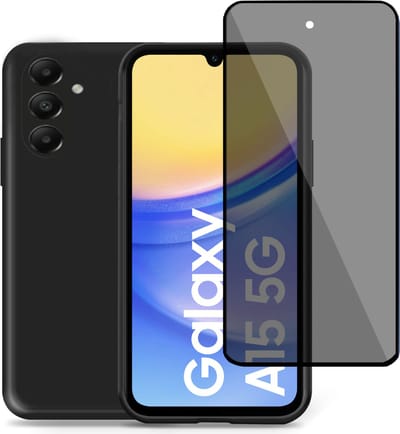 Hoesje + Privé Screenprotector geschikt voor Samsung Galaxy A05s – Privacy Tempered Glass - Back Case Cover Zwart