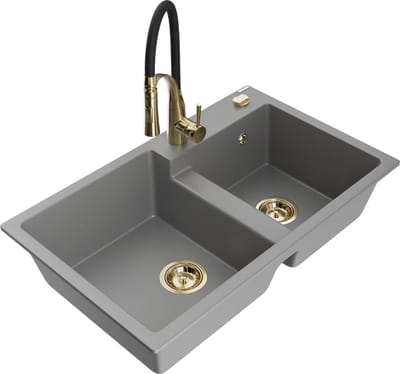 Mexen Tomas granieten gootsteen 2-kamer met keukenkraan Aster, grijs - 6516-71-73450-57-G