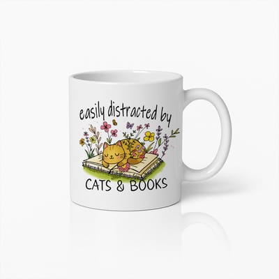 Gemakkelijk Afgeleid Door Katten & Boeken Schattige Geïllustreerde Koffiemok – Perfect Cadeau Voor Katten- en Boekenliefhebbers