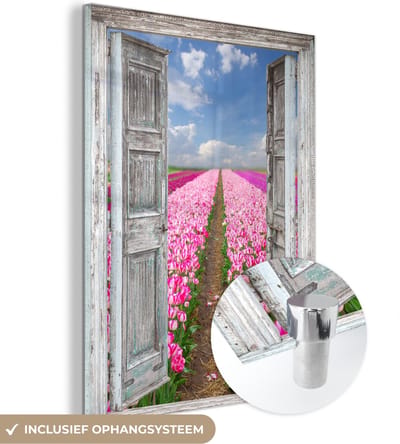 MuchoWow® Glasschilderij 30x40 cm - Schilderij acrylglas - Bloemen - Tulpen - Doorkijk - Regenboog - Foto op glas - Schilderijen