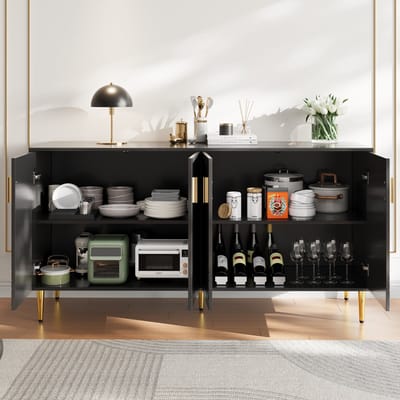 Zwart dressoir 152x40x75 cm - golvend design - gouden handgreep en poot - voegt elegantie toe aan de eetruimte