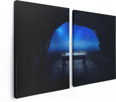Artaza Canvas Schilderij Tweeluik Kribbe in een Grot onder de Ster Van Bethlehem - 120x80 - Foto Op Canvas - Canvas Print