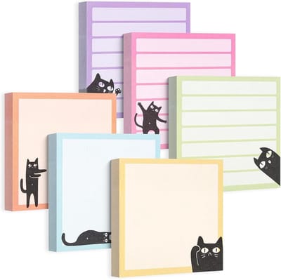 6 Pack Cute Sticky Notes 3x3 in 480 Sheets Assorted Bright Colors - Self Adhesive Black Cat Fun Sticky Note Pads Paper Set for Office - Teacher Students School Kawaii Stationary