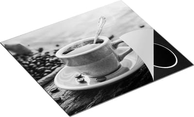 Chefcare Inductie Beschermer Blauw Kopje Koffie met Koffiebonen - Zwart Wit - 60x50 cm - Afdekplaat Inductie - Kookplaat Beschermer - Inductie Mat